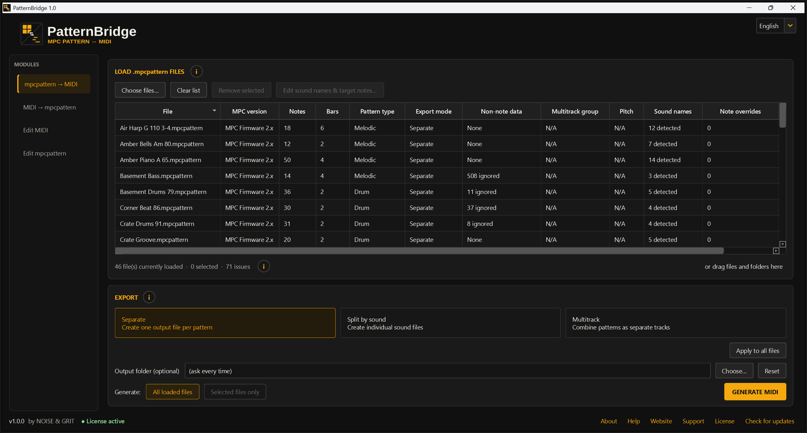 The PatternBridge main window on Windows: module list on the left, MPC pattern files with their analysis in the table and the export options below