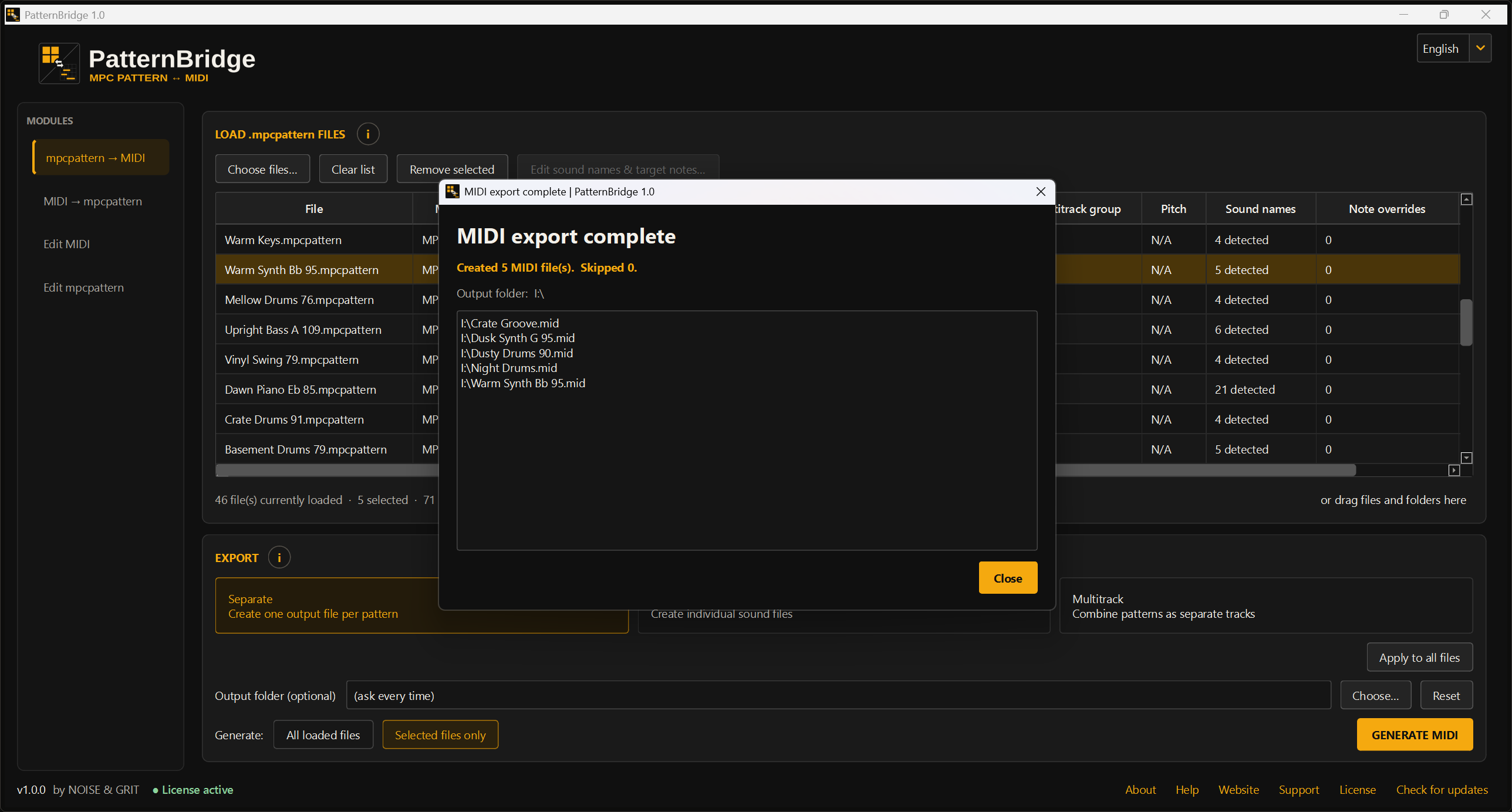 PatternBridge main window in the mpcpattern to MIDI module with the dialog MIDI export complete on top: created 5 MIDI files, skipped 0, with the list of exported files